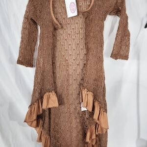 Brown Knit Kids Sweater with Ruffle Hem
